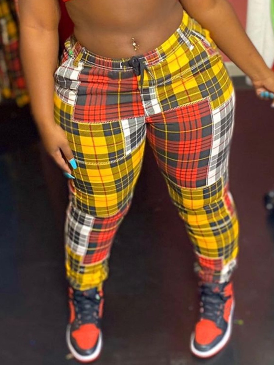 

LW BASICS Plaid Print Patchwork Pants, Yellow