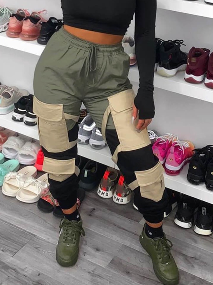 

LW Pocket Design Drawstring Pants, Army green