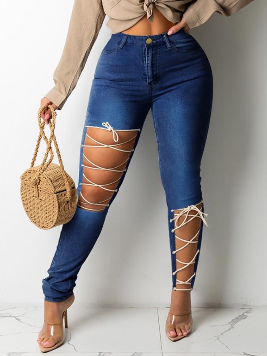 

LW Stretch Ripped Bandage Design Jeans, Deep blue