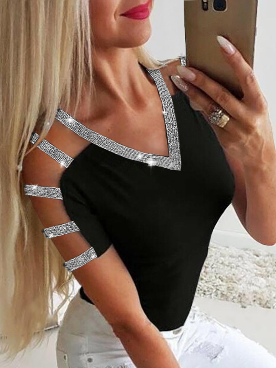

Lovely Sequined Hollow-out T-shirt, Black