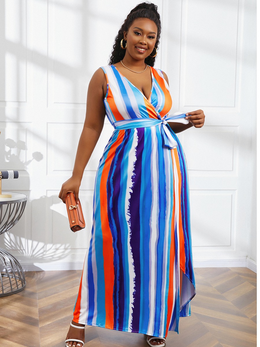 

LW Plus Size Striped Split Wrap Dress, Blue