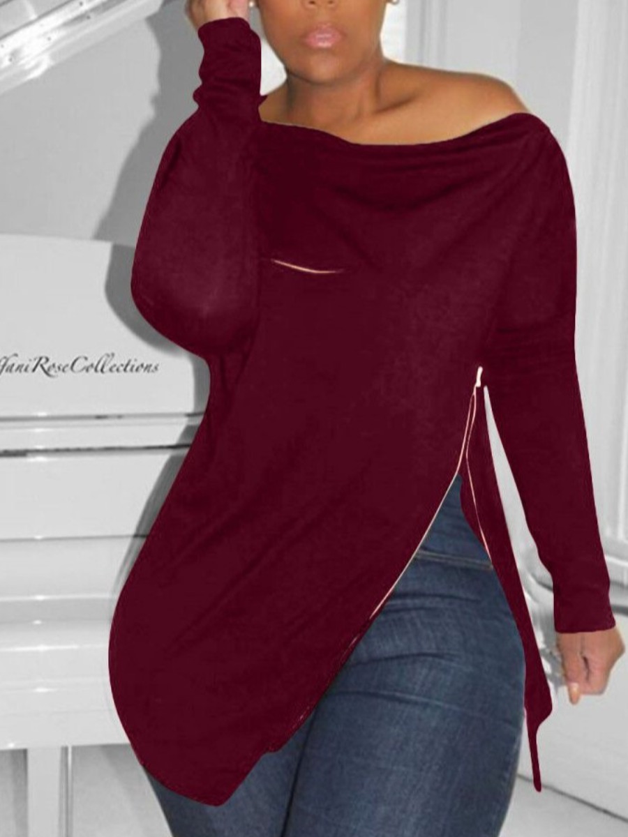

LW Plus Size Boat Neck Zipper Design Sweatshirt, Wine red