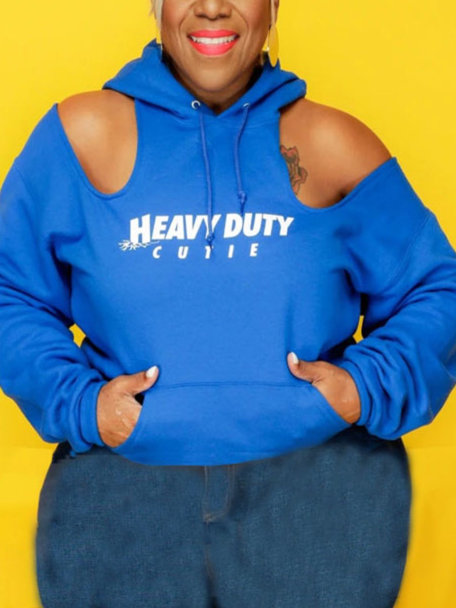 

LW Plus Size Off The Shoulder Letter Print Hoodie, Baby blue