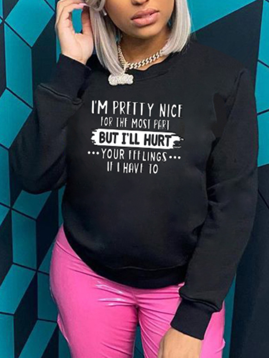 

LW Round Neck Letter Print Hoodie, Black