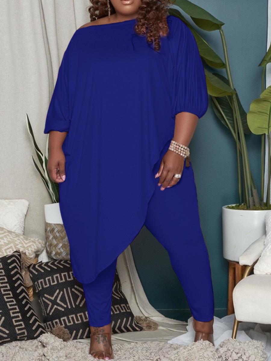 

LW BASICS Plus Size Asymmetrical Pants Set, Blue