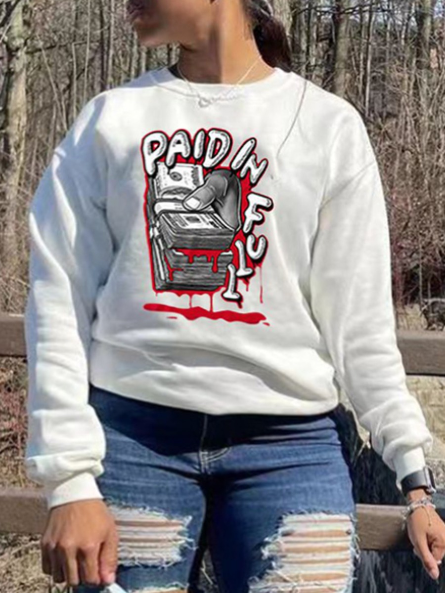 

LW Plus Size Money Letter Print Hoodie, White