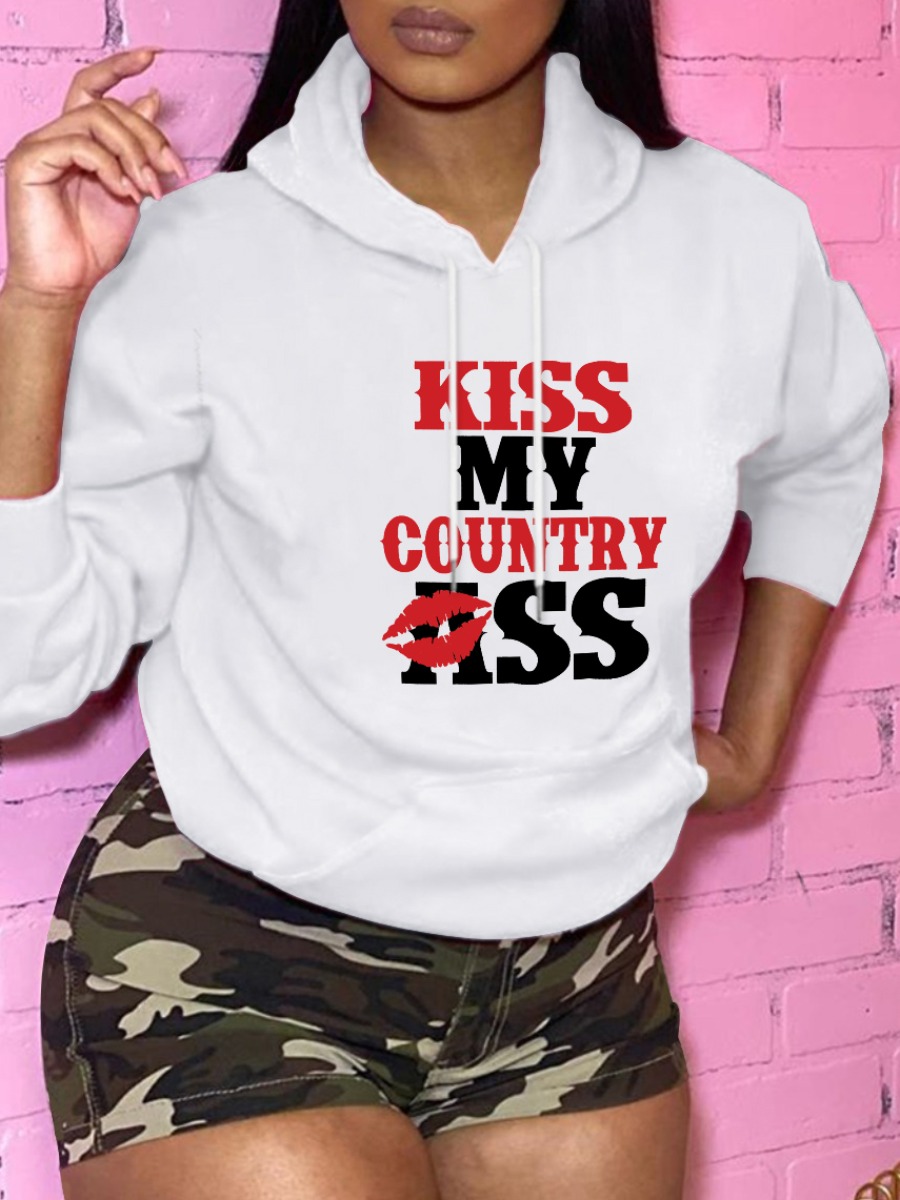 

LW Plus Size Lip Letter Print Hoodie, White