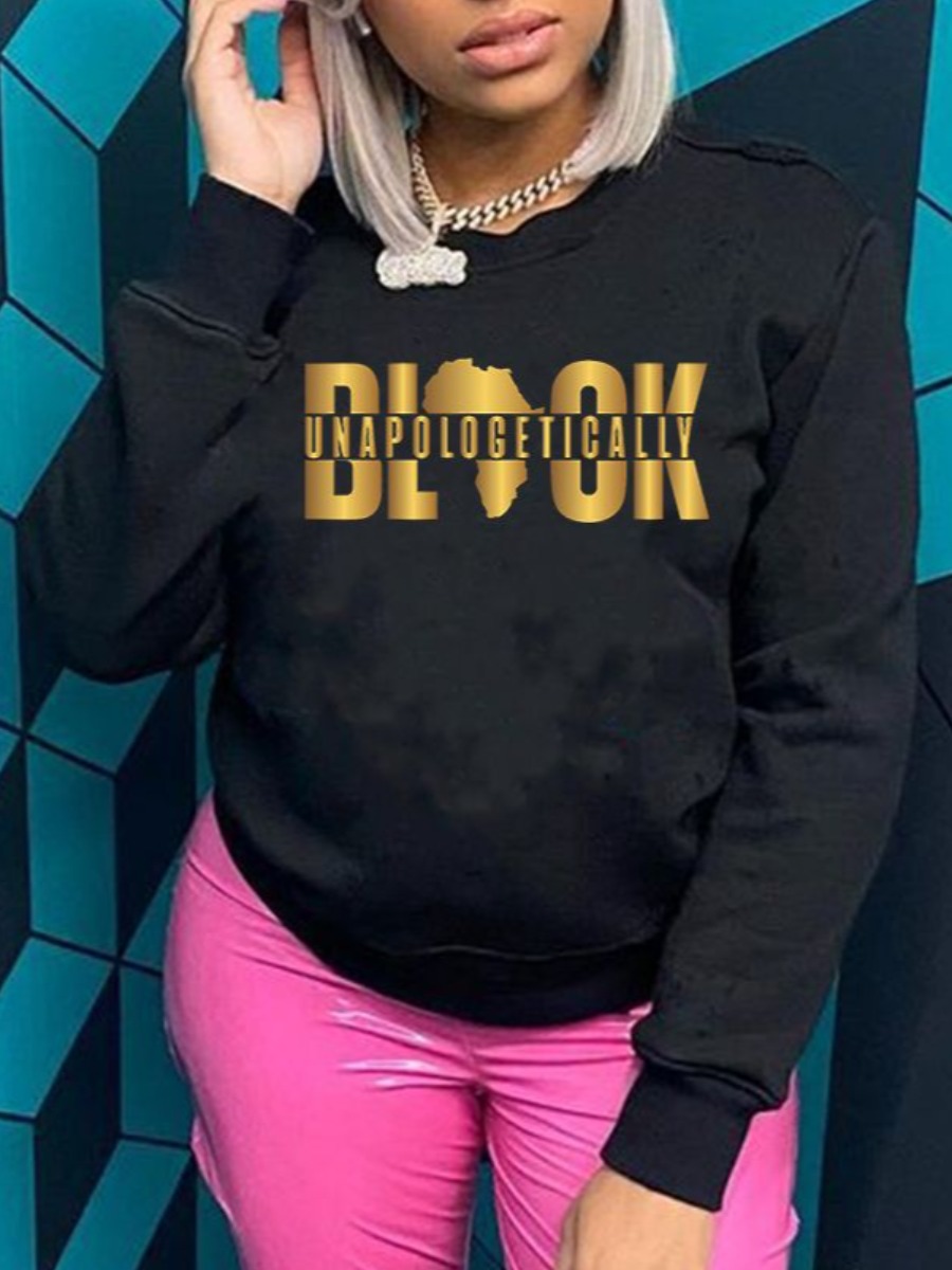 

LW Plus Size Africa Letter Print Hoodie, Black