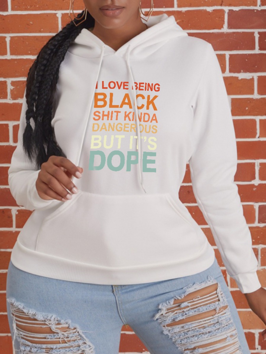 

LW Plus Size Hooded Collar Letter Print Hoodie, White