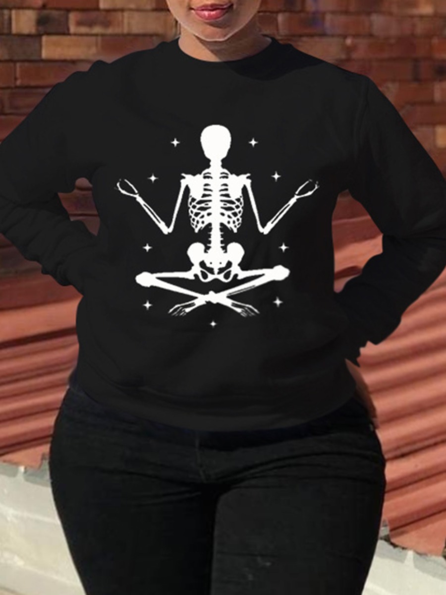 

LW Plus Size Round Neck Skeleton Print Hoodie, Black