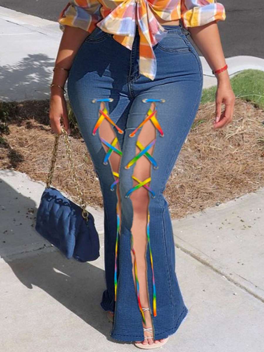 

LW Plus Size Bandage Split Flared Jeans, Blue