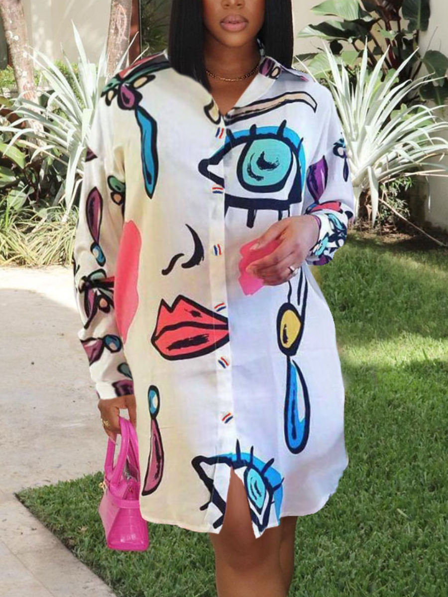 

LW Dropped Shoulder Mixed Print Shirt Dress, White