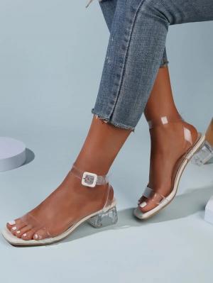

Lovely Clear Strap Square-toe Heels, Beige