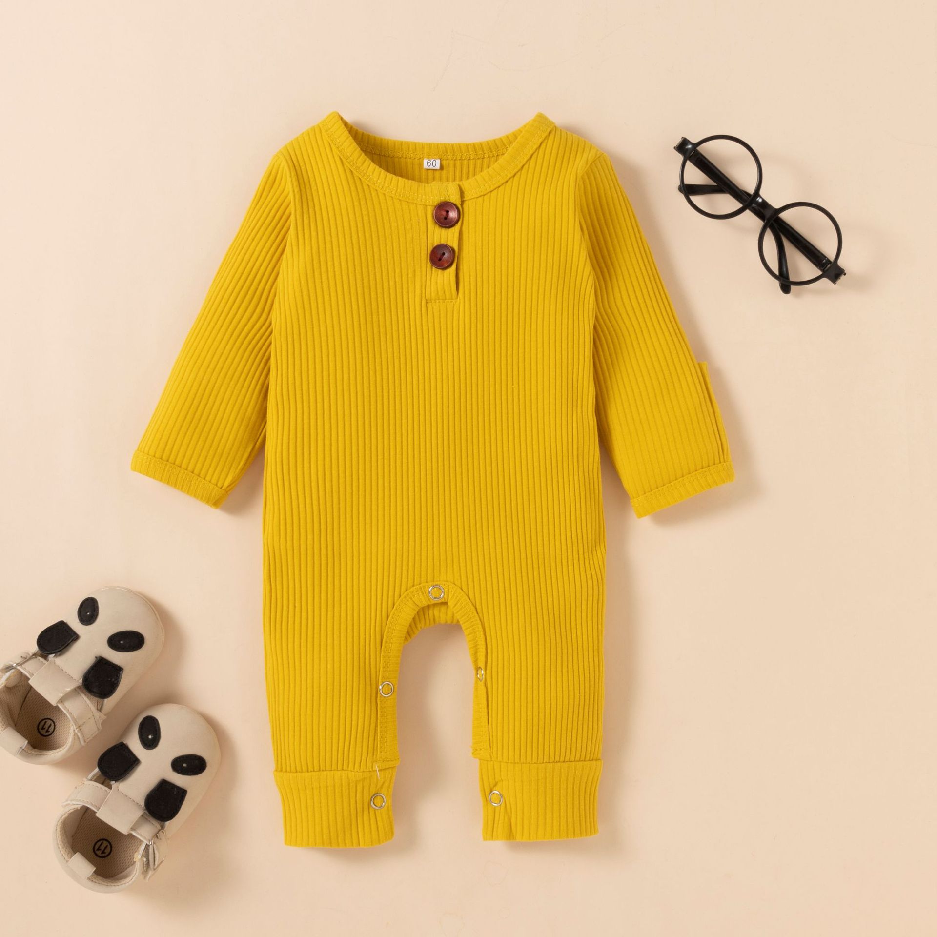 

LW Boy Rib-Knit Button Design One-piece Jumpsuit, Yellow