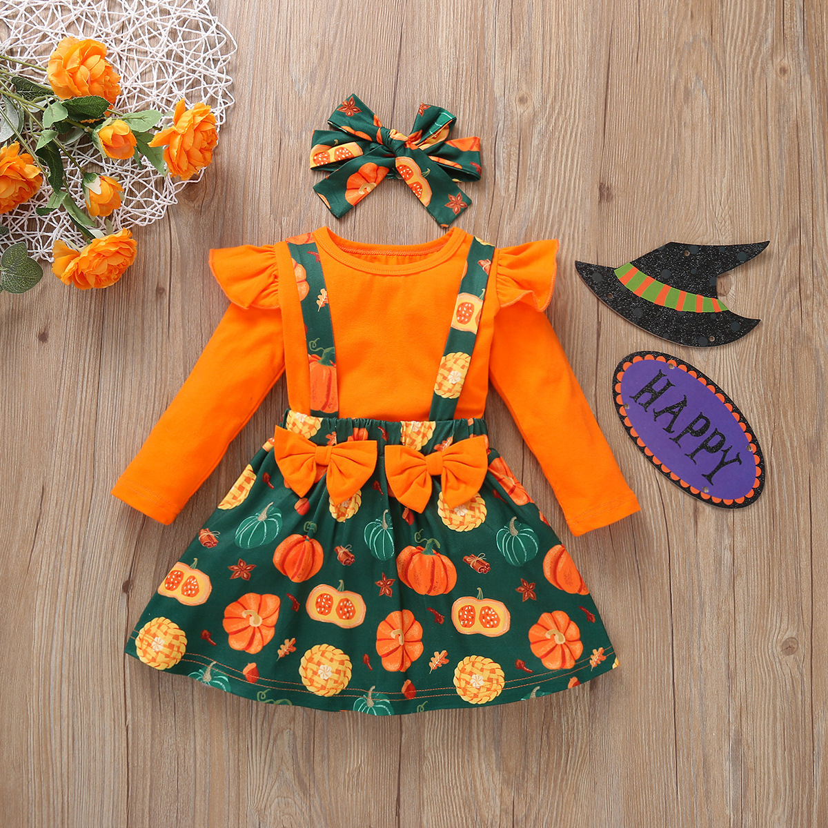 

LW COTTON Girl Material Series Fruit Print Overall Skirt Set, Orange