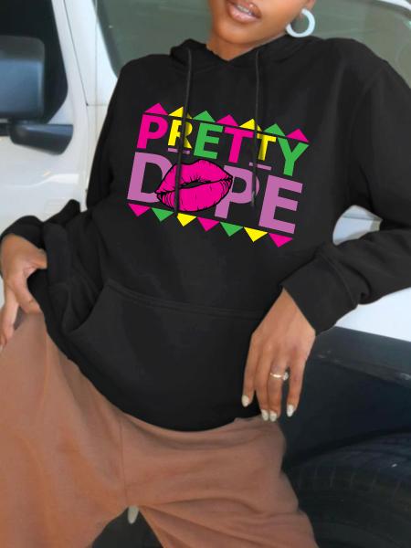 

LW Lip Letter Print Kangaroo Pocket Oversized Hoodie, Black