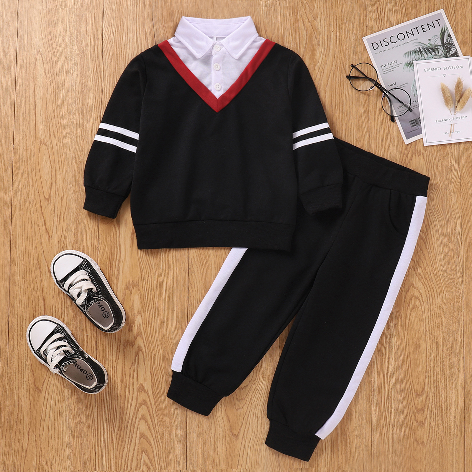 

LW COTTON Boy Material Series Striped Pants Set, Black