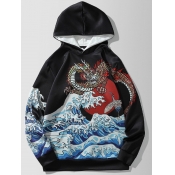 LW Men Dragon Print Patchwork Hoodie