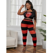 LW Plus Size Casual Lip Print Striped Backless Red