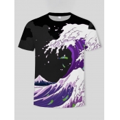 LW Men Casual Water Wave Print Black T-shirt