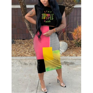 

LW Letter Print Striped Patchwork Two Piece Skirt Set, Pink