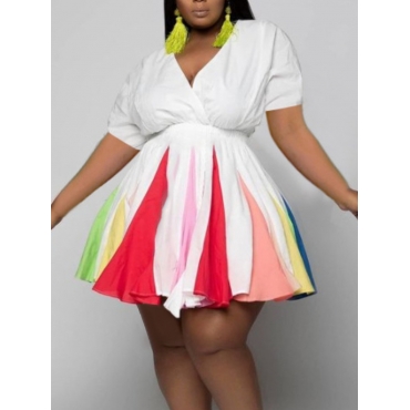 

LW Plus Size Casual Color-lump Fold Design White Knee Length A Line Dress (Without Belt)