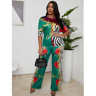 

Lovely Floral Print Zebra Striped Two Piece Pants Set, Green