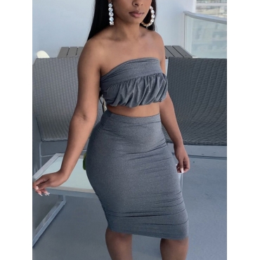 

LW SXY Off The Shoulder Fold Design Tie Back Two Piece Skirt Set, Grey