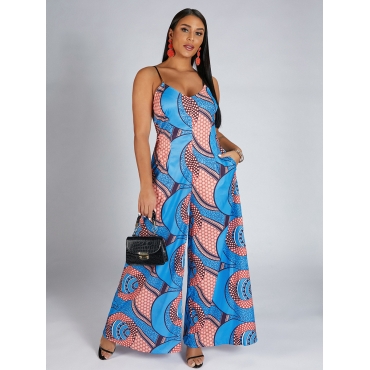 

Lovely Geometric Print Wide Leg One-piece Jumpsuit, Blue