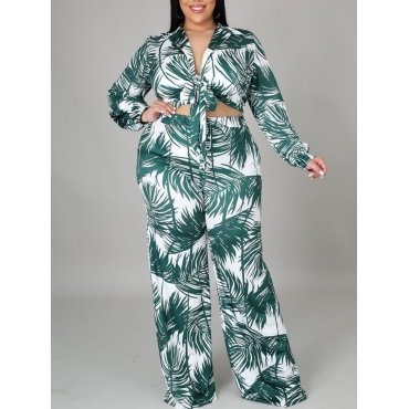 

LW Plus Size Floral Print Wide Leg Two-piece Pants Set, Green