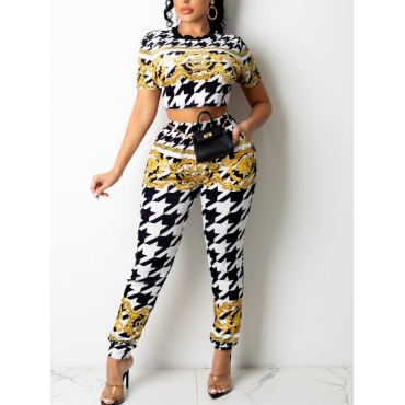

LW Geometric Print Patchwork Two Piece Pants Set, Black