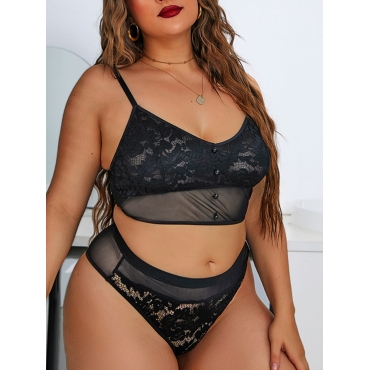 

Lovely Plus Size Floral Decoration See-through Bra Set, Black