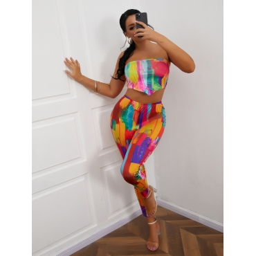 

LW Off The Shoulder Tie-dye Two Piece Pants Set, Red