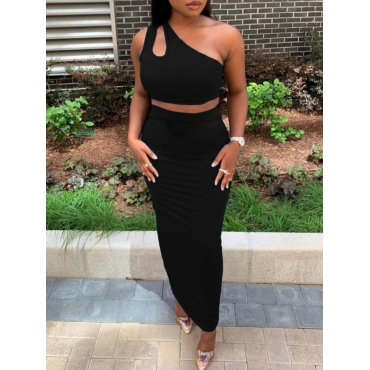 

LW Casual One Shoulder Hollow-out Black Two Piece Skirt Set