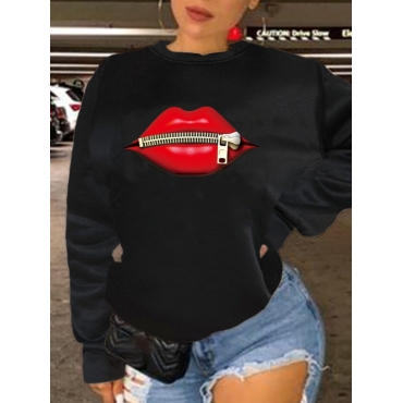 

LW Plus Size Dropped Shoulder Lip Print Hoodie, Black