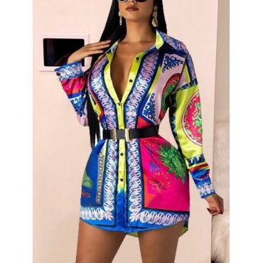 

Lovely Turndown Collar Mixed Print Shirt Dress, Blue