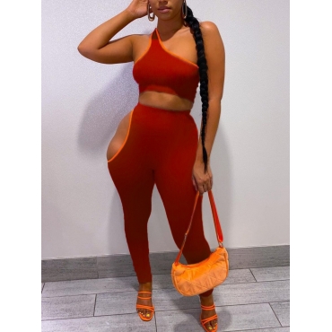 

LW One Shoulder Hollow-out Two Piece Pants Set, Red