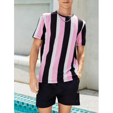 

Lovely Men Striped Patchwork Two Piece Shorts Set, Pink