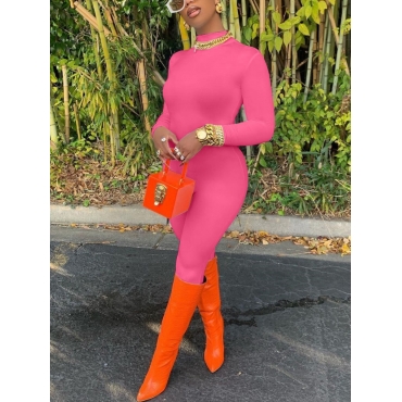 

Lovely Half A Turtleneck Basic Skinny One-piece Jumpsuit, Rose red