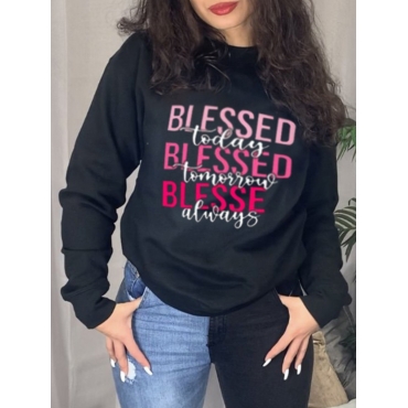 

LW Round Neck Letter Print Oversized Hoodie, Black