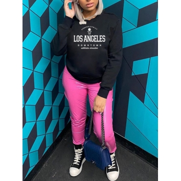 

LW BASICS Round Neck Letter Print Hoodie, Black