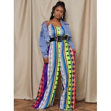 

LW Plus Size Boho Geometric Print Striped Multicolor One-piece Jumpsuit, Multi