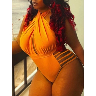 

LW SXY Plus Size Hollow-out Bandage Design Bodysuit, Yellow