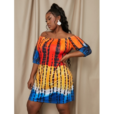 

LW Plus Size Casual Off The Shoulder Tie-dye Yellow Mini Dress