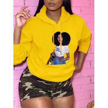 

LW COTTON Casual Hooded Collar Print Yellow Hoodie