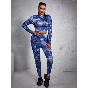 

LW Casual Turtleneck Tie Dye Blue Two Piece Pants Set