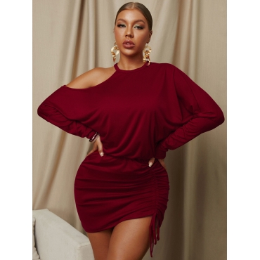 

LW SXY Batwing Sleeve Hollow-out Drawstring Dress, Wine red