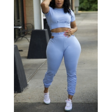 

LW Round Neck Hollow-out Pants Set, Blue