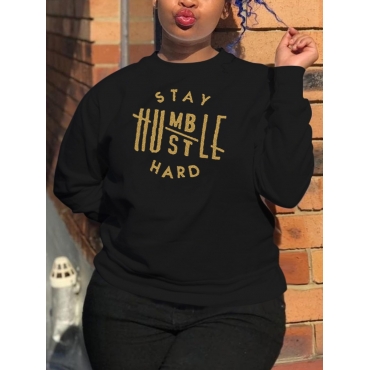 

LW Plus Size Round Neck Letter Print Hoodie, Black