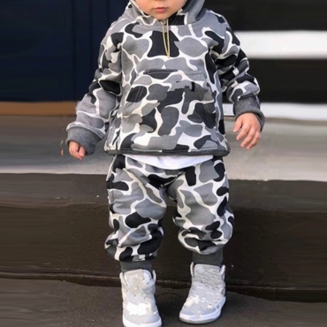 

LW COTTON Boy Hooded Collar Camo Print Pants Set, Grey
